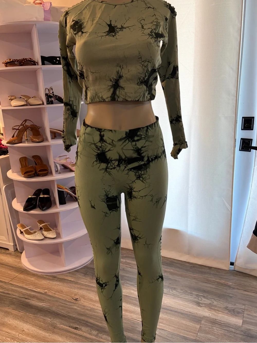 Tie-Dye Olive Green Leggings & Crop Top Set